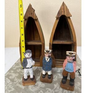 Vintage Two Canoes and Three Hand Carved Fisherman